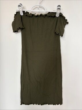 Heart Hips Olive Green Ribbed Off-Shoulder lettuce trim Dress